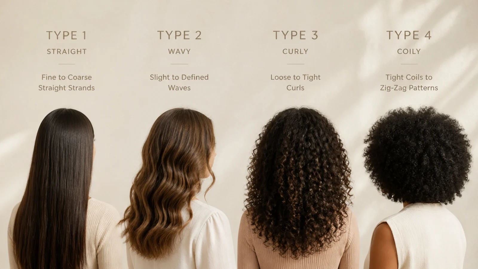 Faceless reference chart showing straight type 1, wavy type 2, curly type 3 and coily type 4 strands