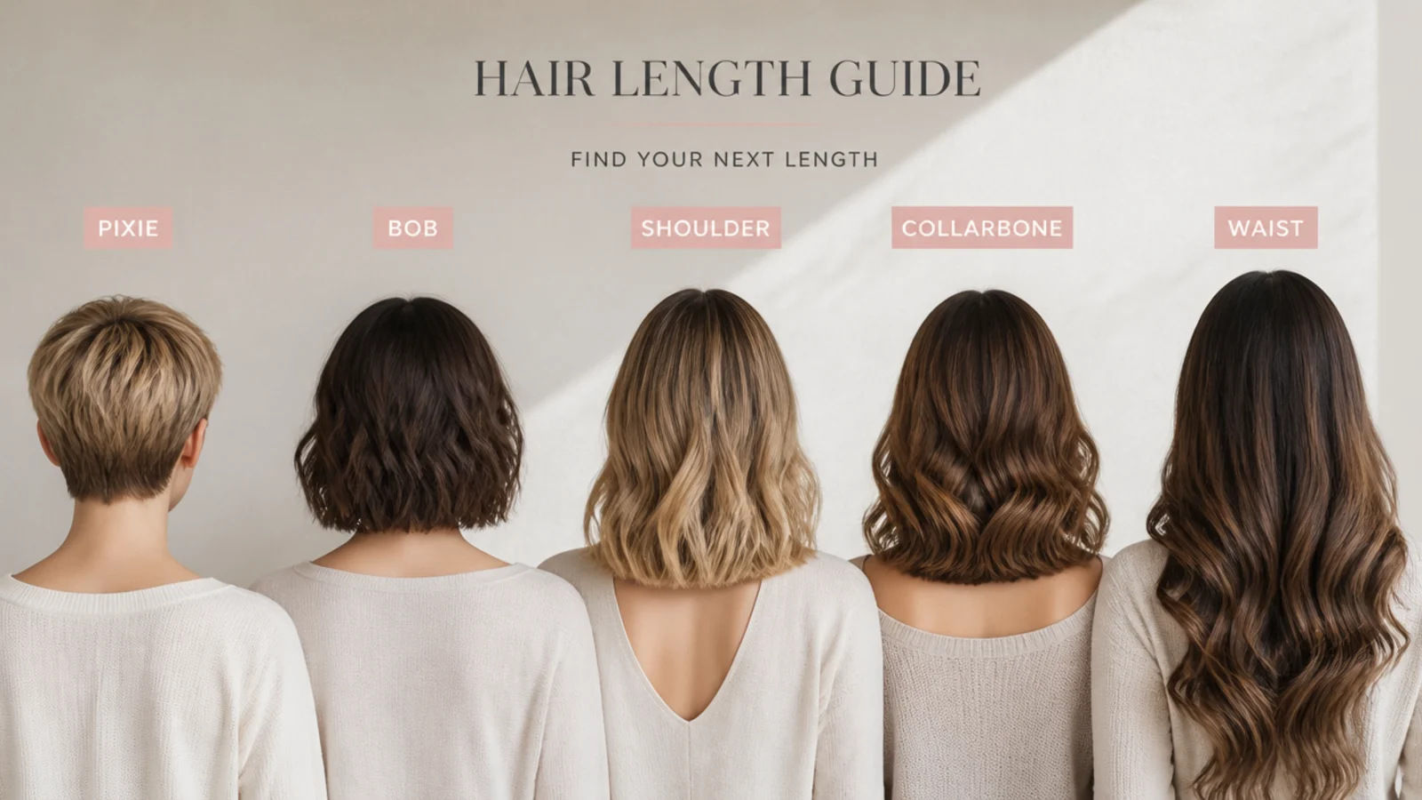 Faceless length guide comparing pixie, bob, shoulder, collarbone and waist-length hair styling