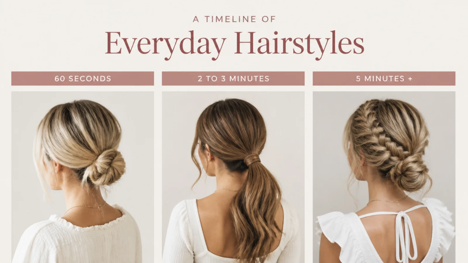 Faceless timeline of hairstyles grouped by 60 seconds, 2 to 3 minutes and 5 minutes plus