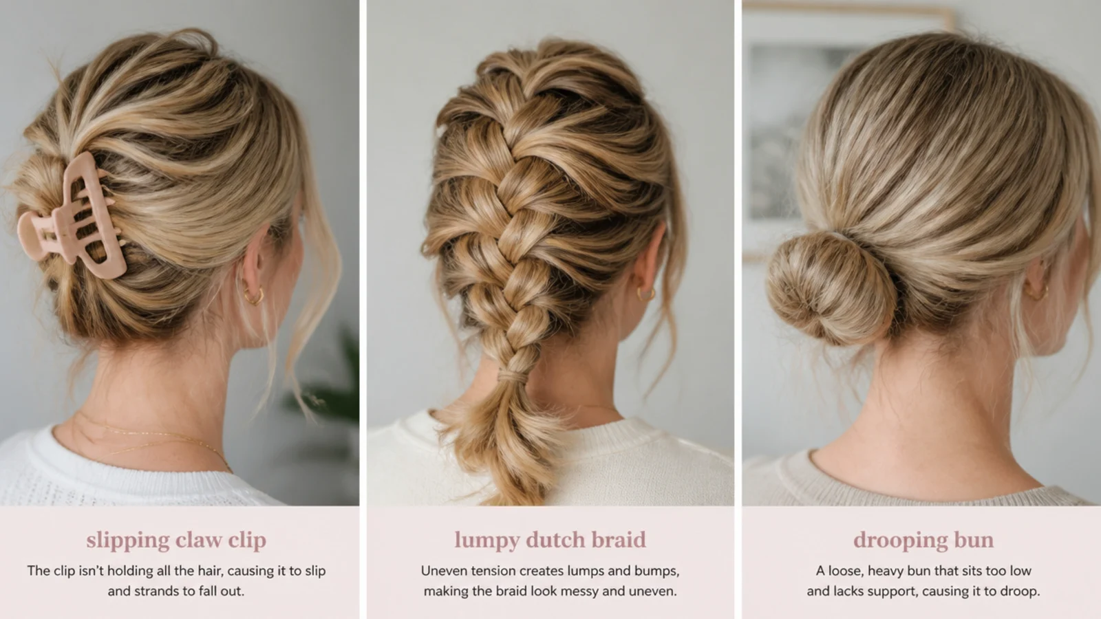 Faceless close-up of common styling faults, a slipping claw clip, a lumpy Dutch braid and a drooping bun