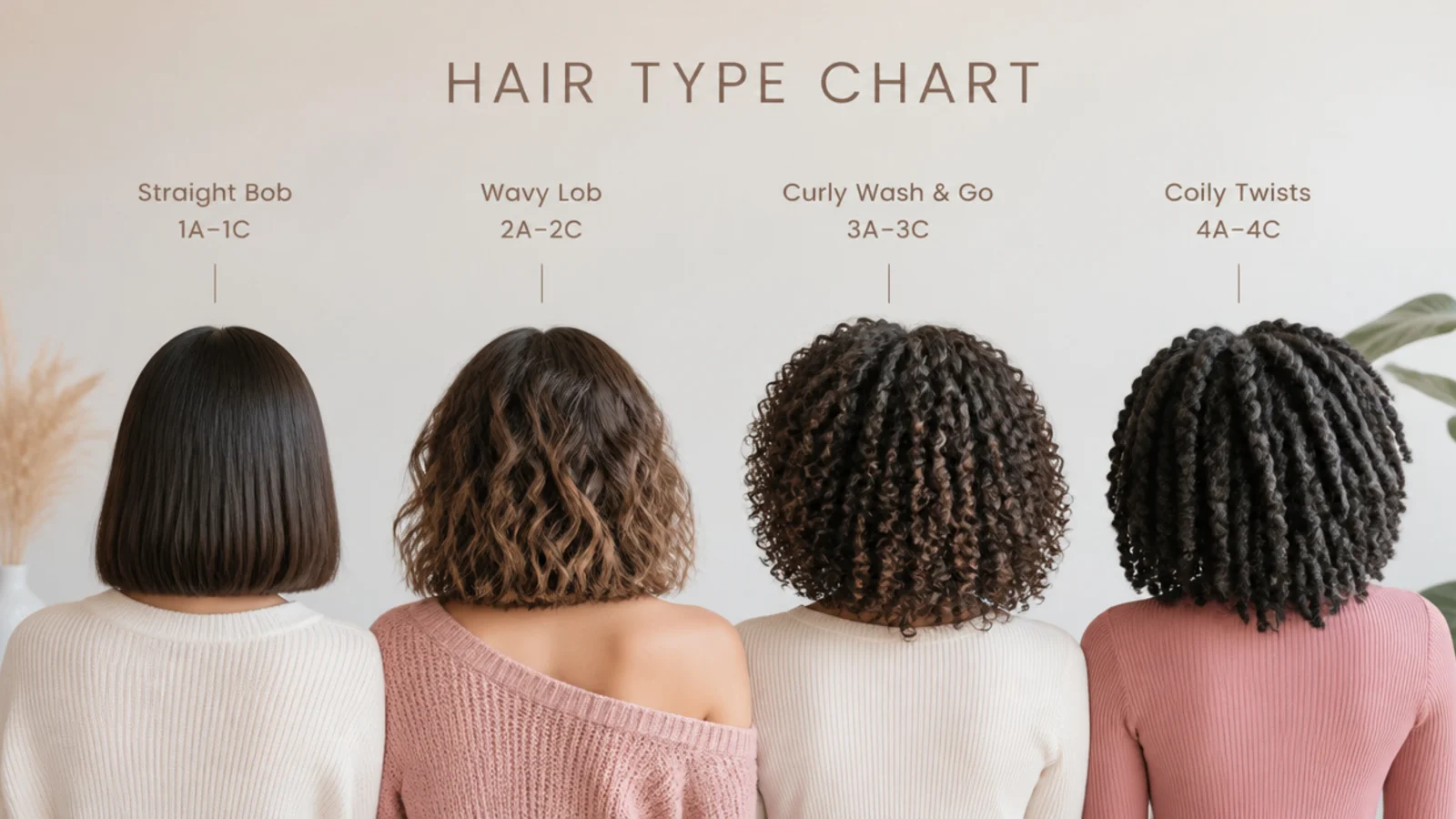 Faceless hair type chart pinning a straight bob, wavy lob, curly wash-and-go and coily twists