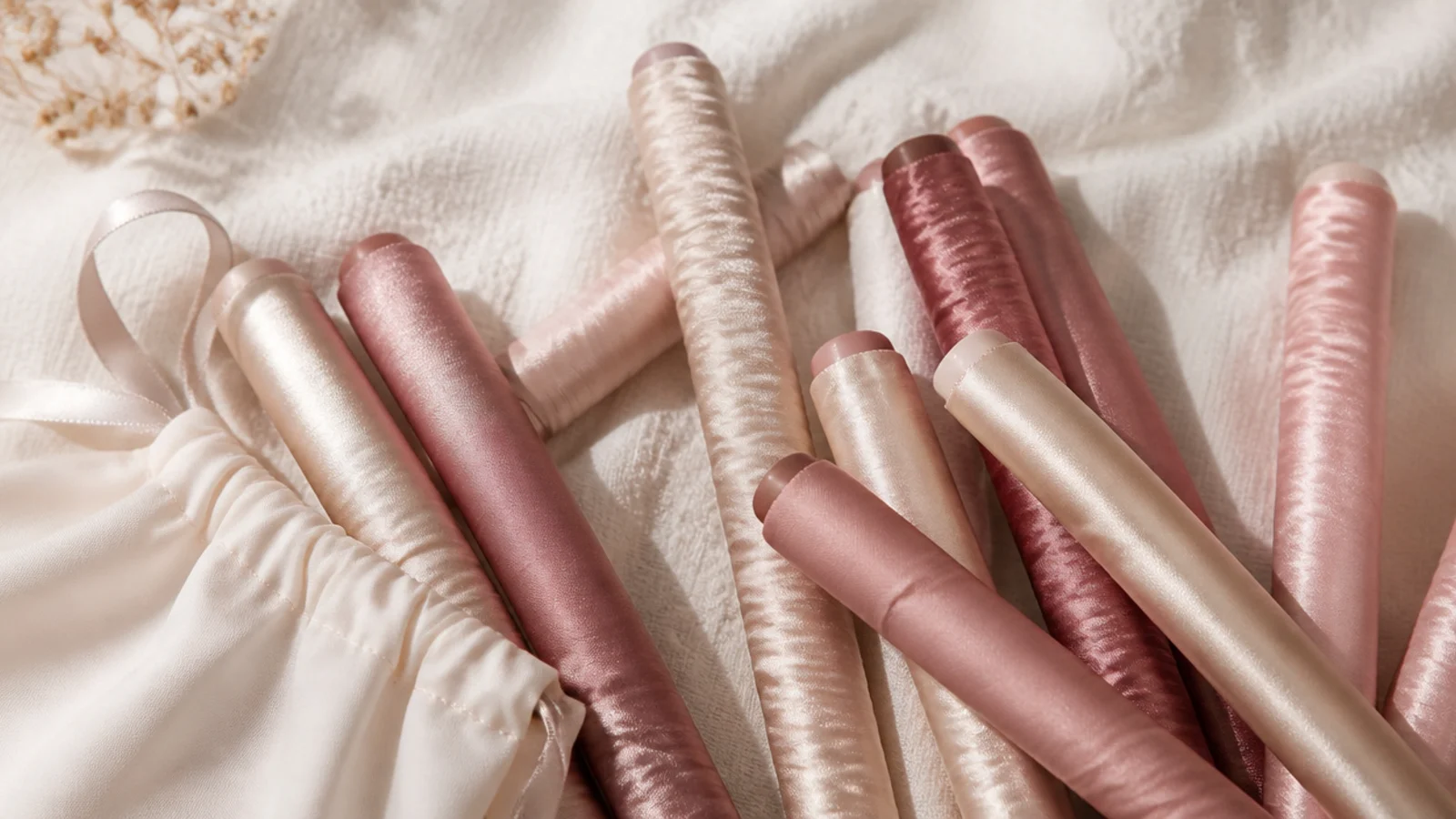 Faceless flat lay of satin-wrapped bendable flexi rods for defined heatless ringlets