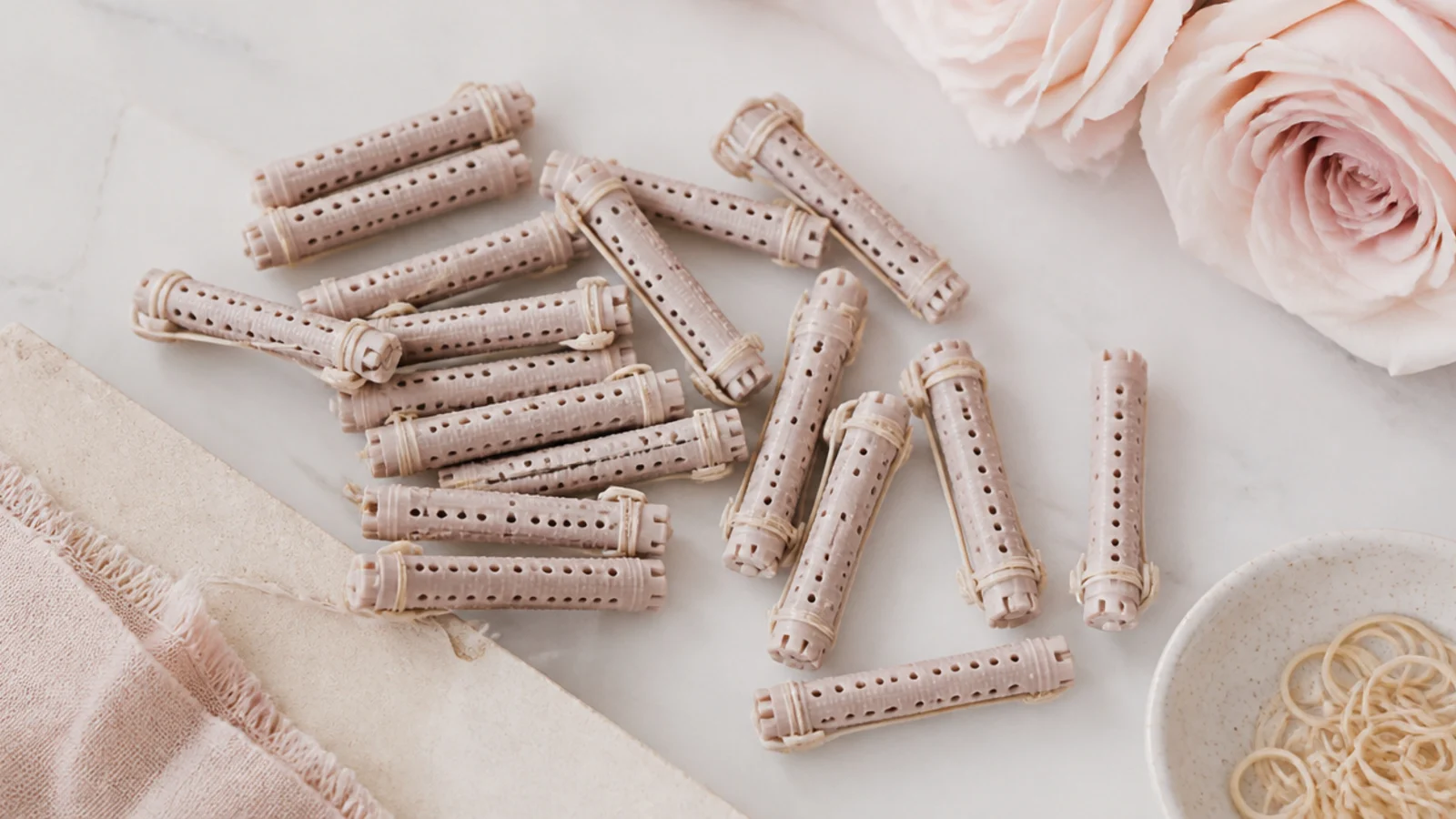 Faceless flat lay of small cold-wave perm rods with elastic bands for tight heatless curls