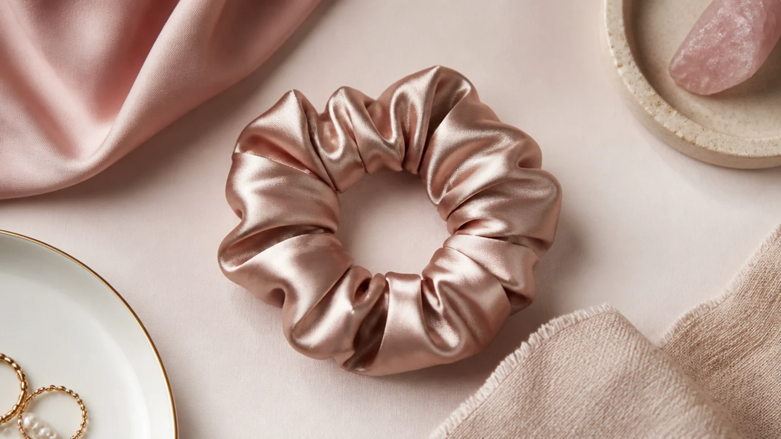 Faceless flat lay of a satin scrunchie used for the no-tool overnight bun heatless wave method