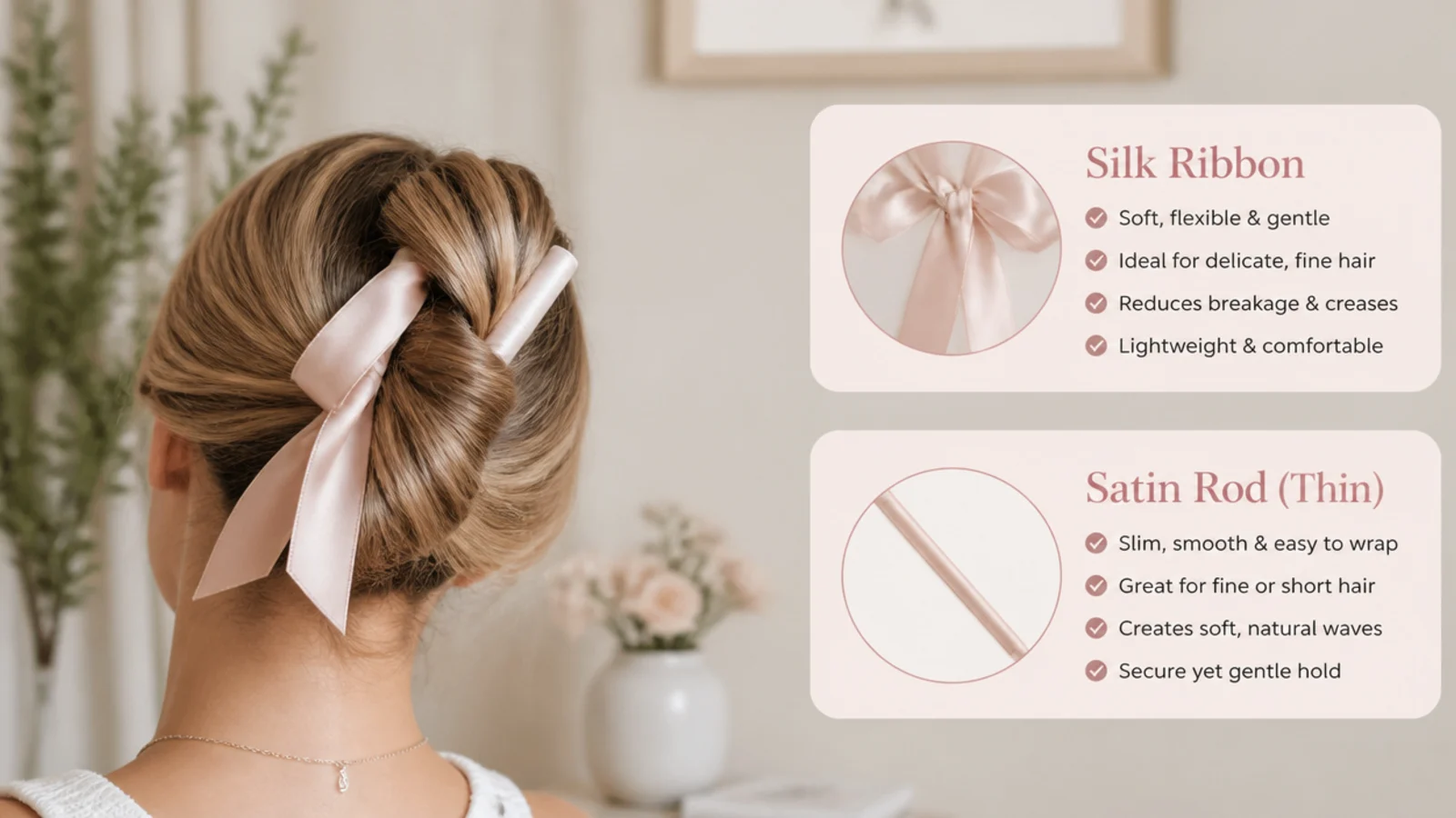 Faceless comparison of a light silk ribbon and thin satin rod chosen for fine hair