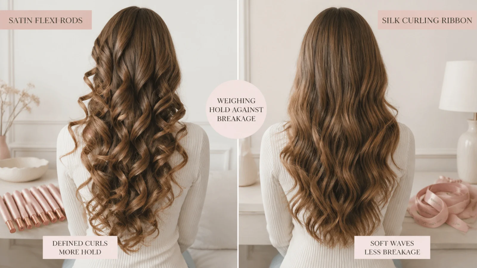 Faceless comparison of satin flexi rods beside a silk curling ribbon weighing hold against breakage