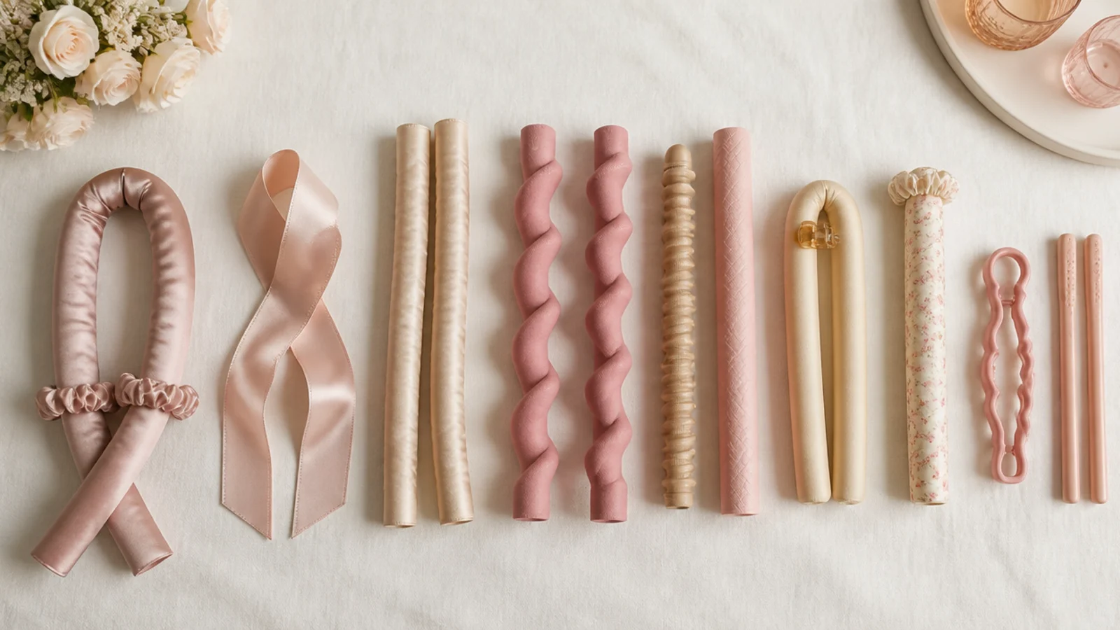 Faceless flat lay of twelve heatless curl tools including a satin curling rod, silk ribbon and flexi rods laid out for comparison