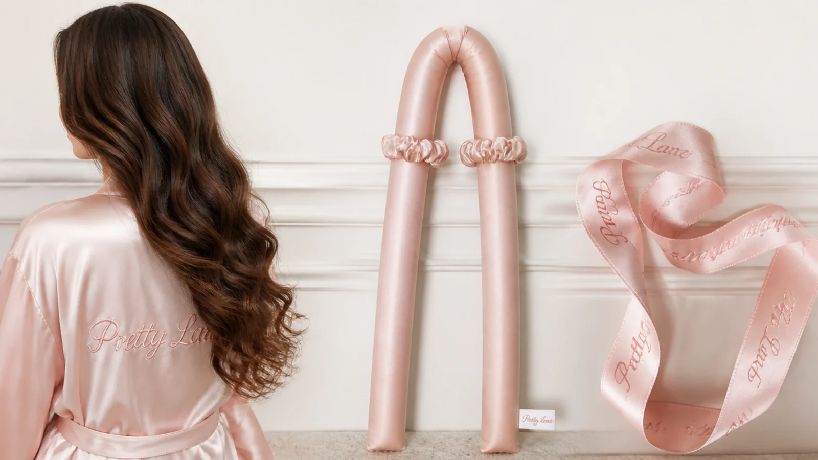 Faceless comparison of a satin curling robe, a padded curling rod and a silk ribbon side by side