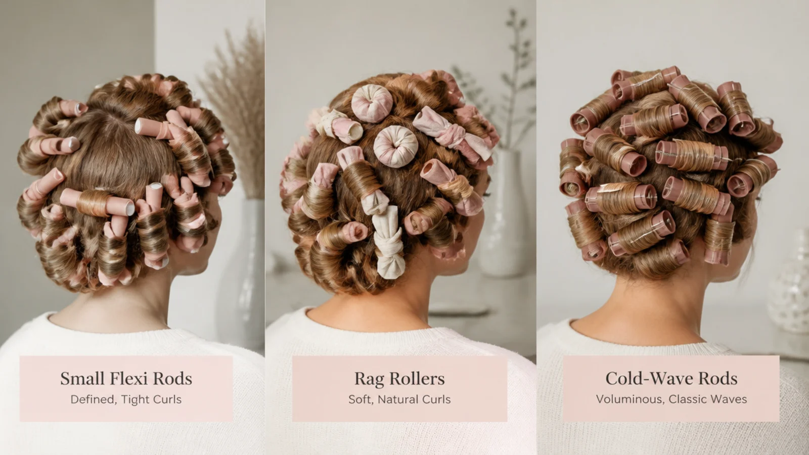 Faceless comparison of small flexi rods, rag rollers and cold-wave rods for short hair curls