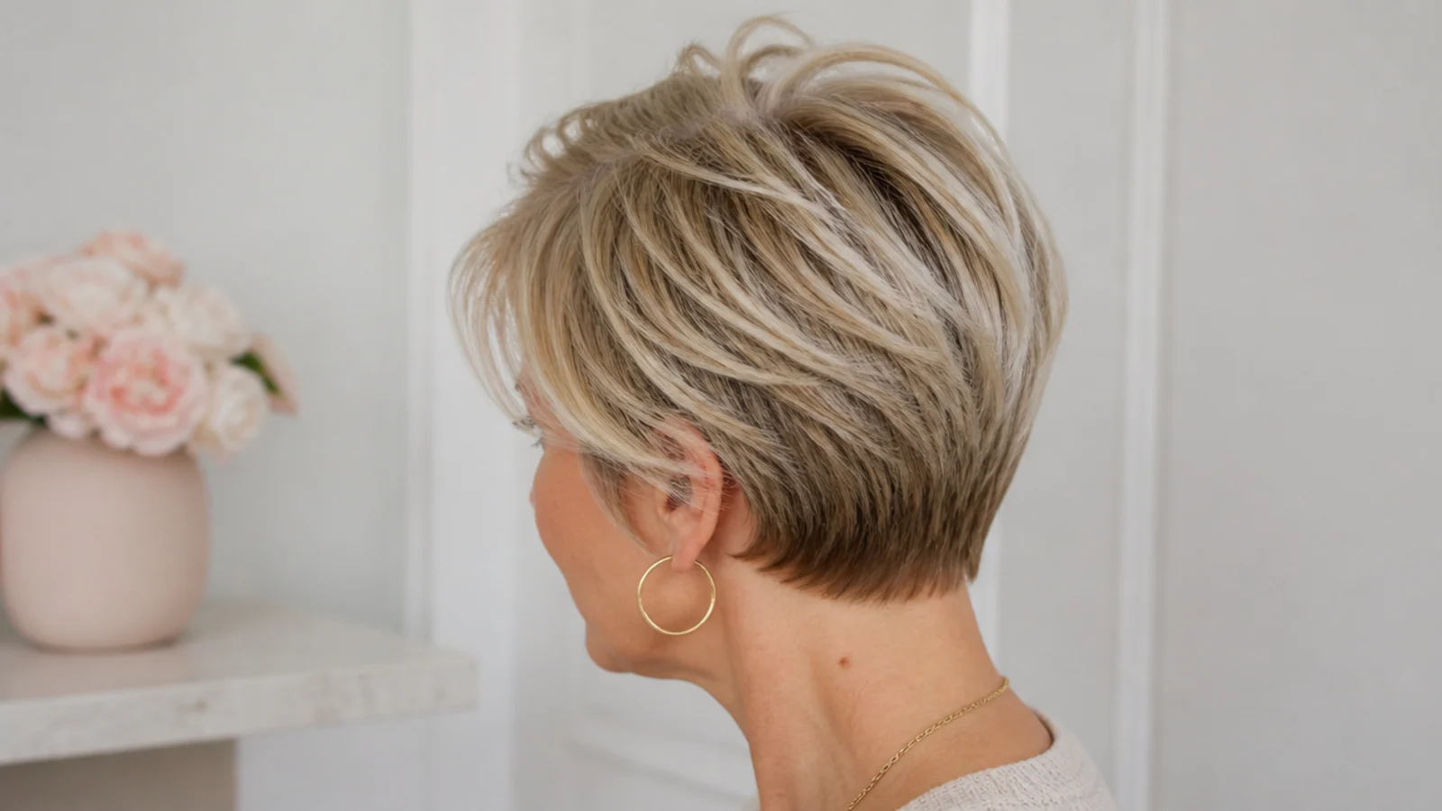 Faceless side view of a fine-hair pixie blow-dried with lift at the crown and soft movement through the top