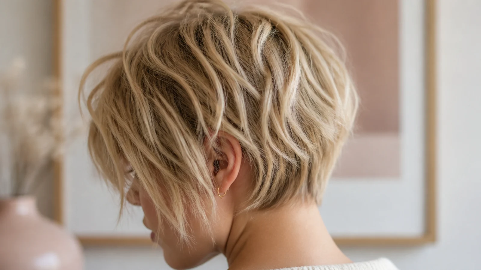 Faceless close-up of a short fine crop tousled with sea salt spray for piecey, matte texture