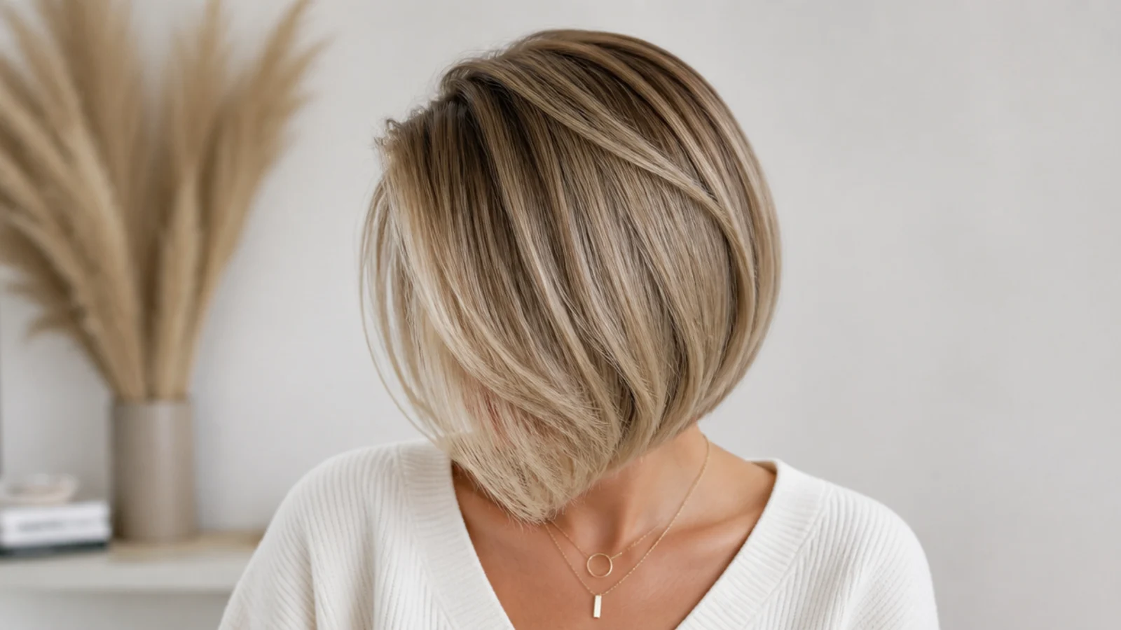 Faceless front view of a short fine bob with a deep side part and lifted volume at the crown