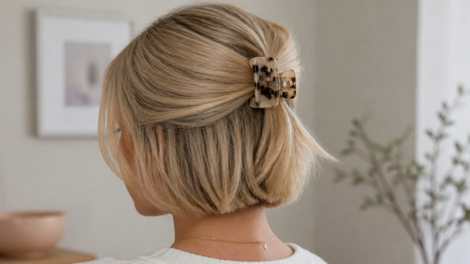 Faceless back view of a chin-length fine-hair bob in a small half-up claw clip with volume at the crown