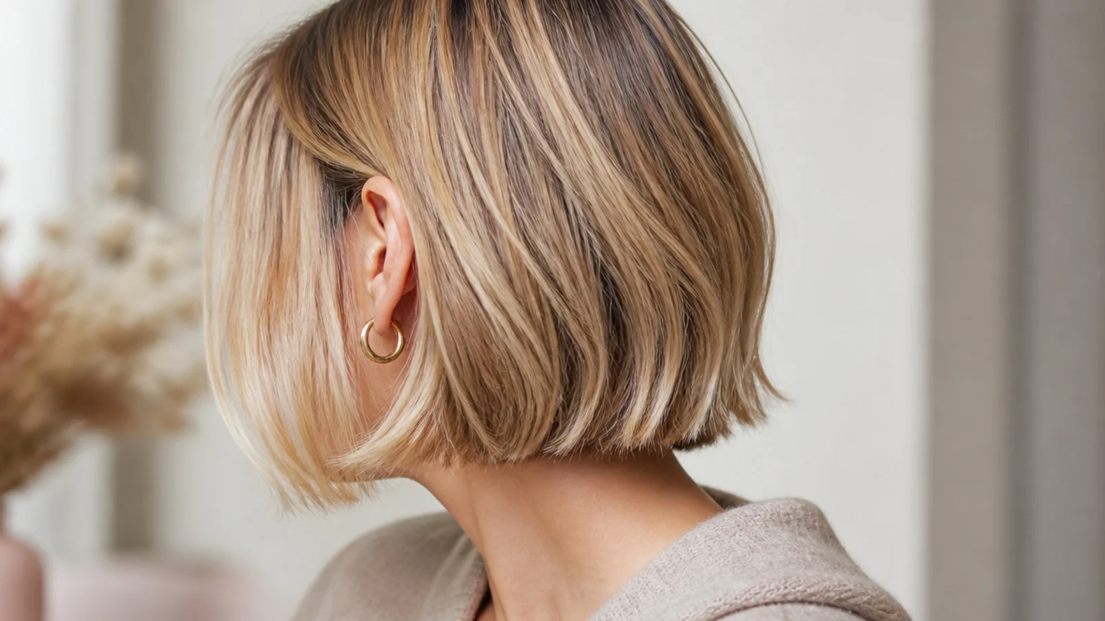 Faceless three-quarter view of a fine-hair bob tucked behind one ear with softly tousled ends
