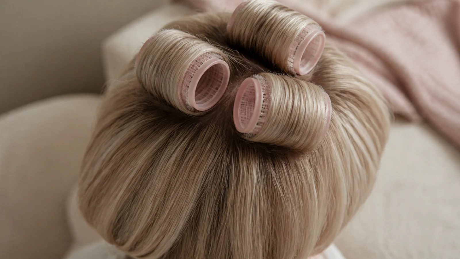 Faceless top view of three self-grip velcro rollers set into the crown of short fine hair for root lift