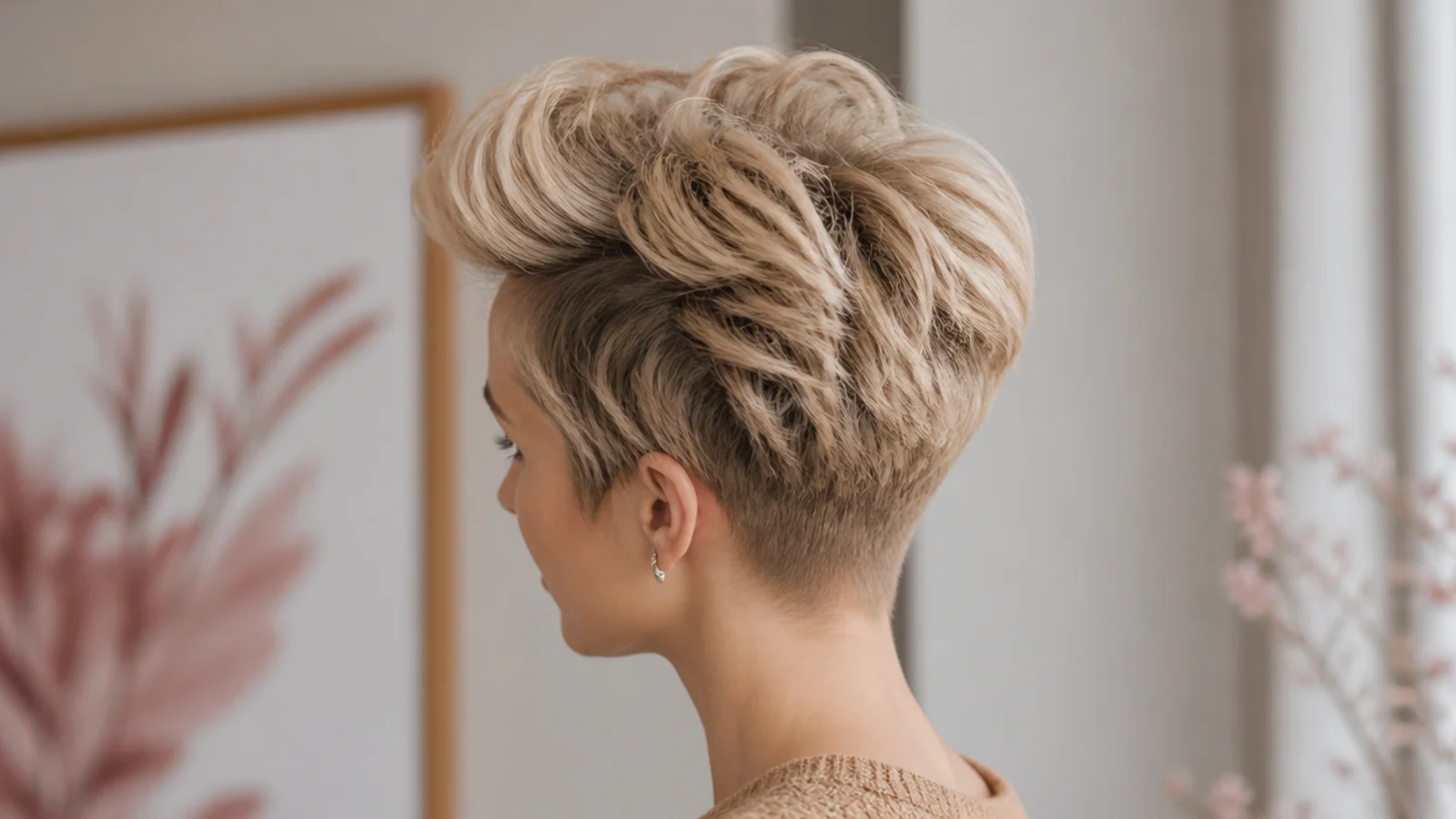 Faceless side view of a short fine pixie styled into a soft messy quiff with height at the front
