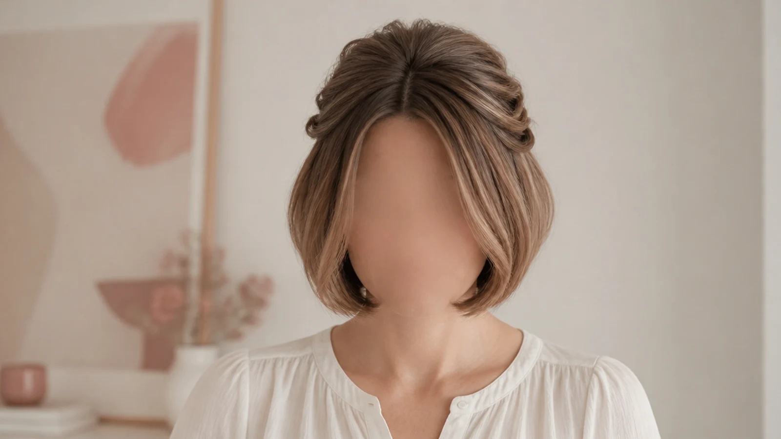 Faceless front view of short fine hair with two small twist-backs pinned off the face and volume at the crown