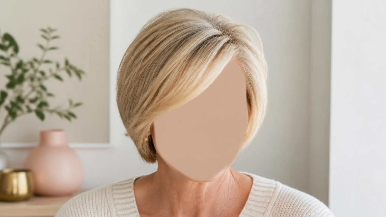 Faceless front view of a short fine style with a soft side-swept fringe blow-dried for lift at the root