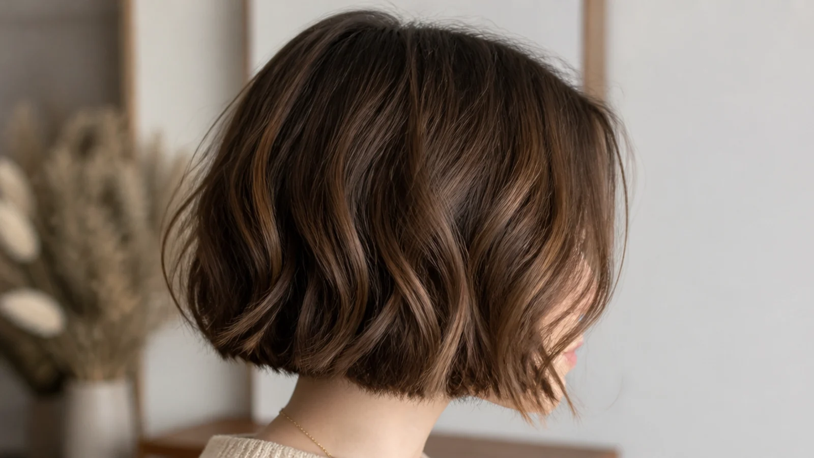 Faceless side view of a chin-length fine-hair bob with soft tousled bends from a curling wand