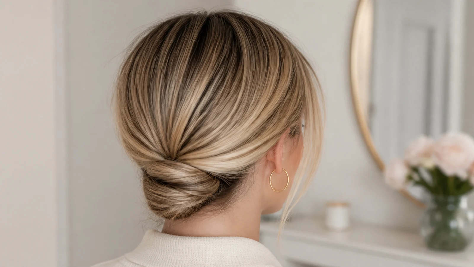Faceless back view of a grown-out fine bob twisted into a small low tucked chignon at the nape