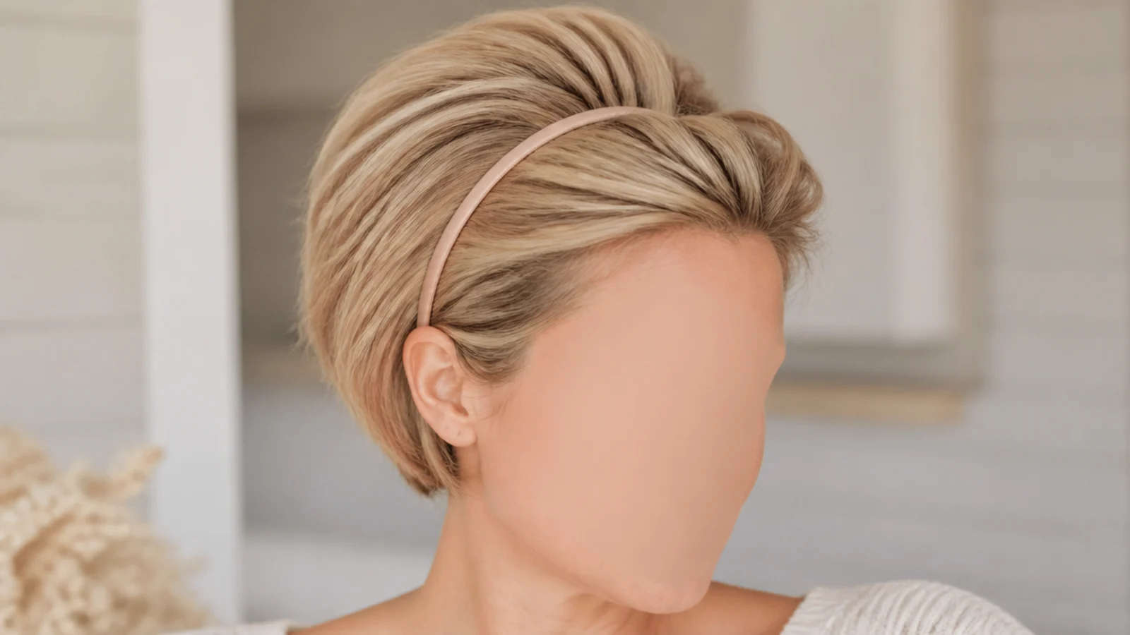 Faceless front view of short fine hair pushed back with a thin headband and lifted volume behind it