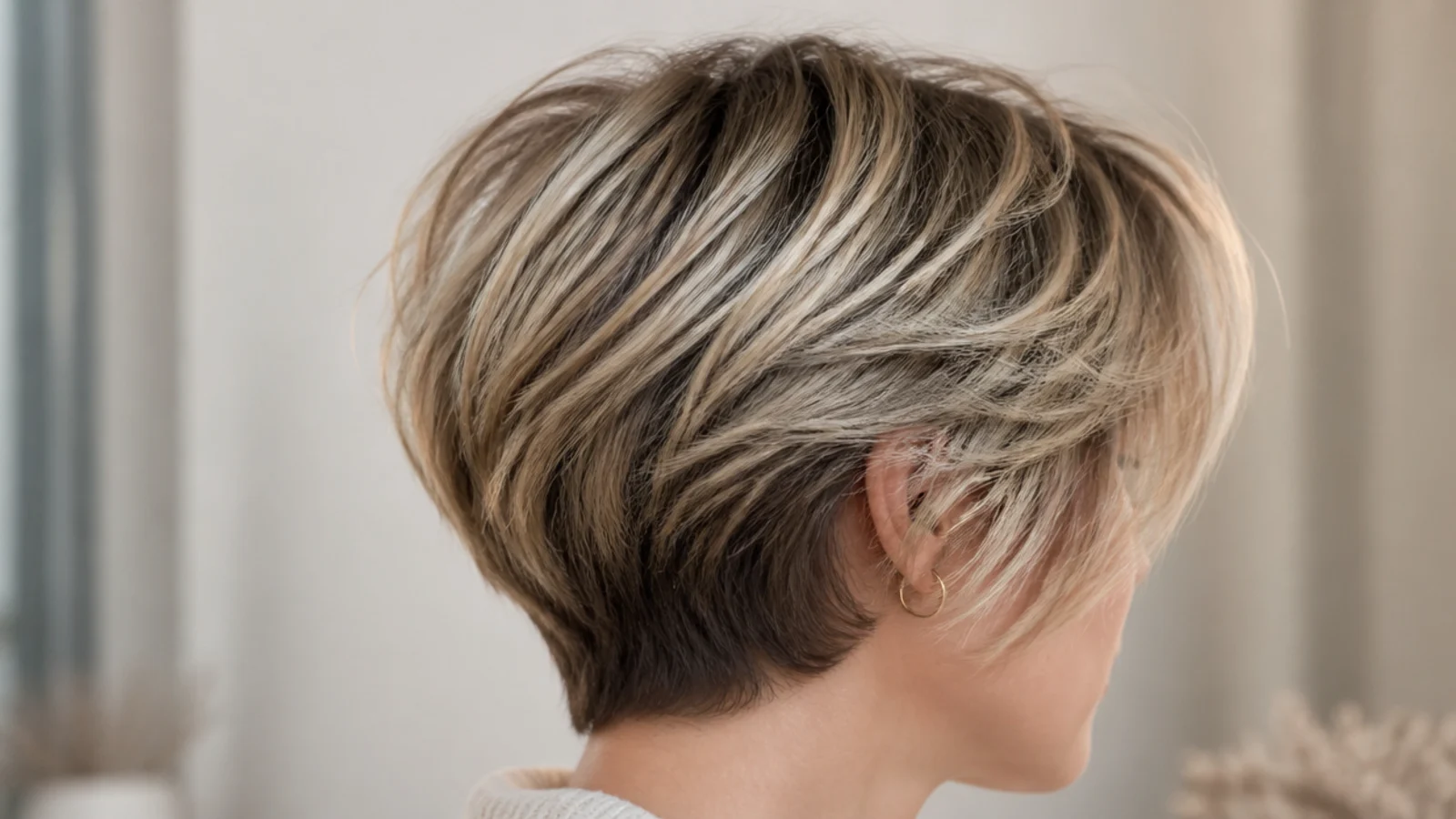 Faceless close-up of a short fine crop air-dried into separated, piecey sections with a lightweight styling cream