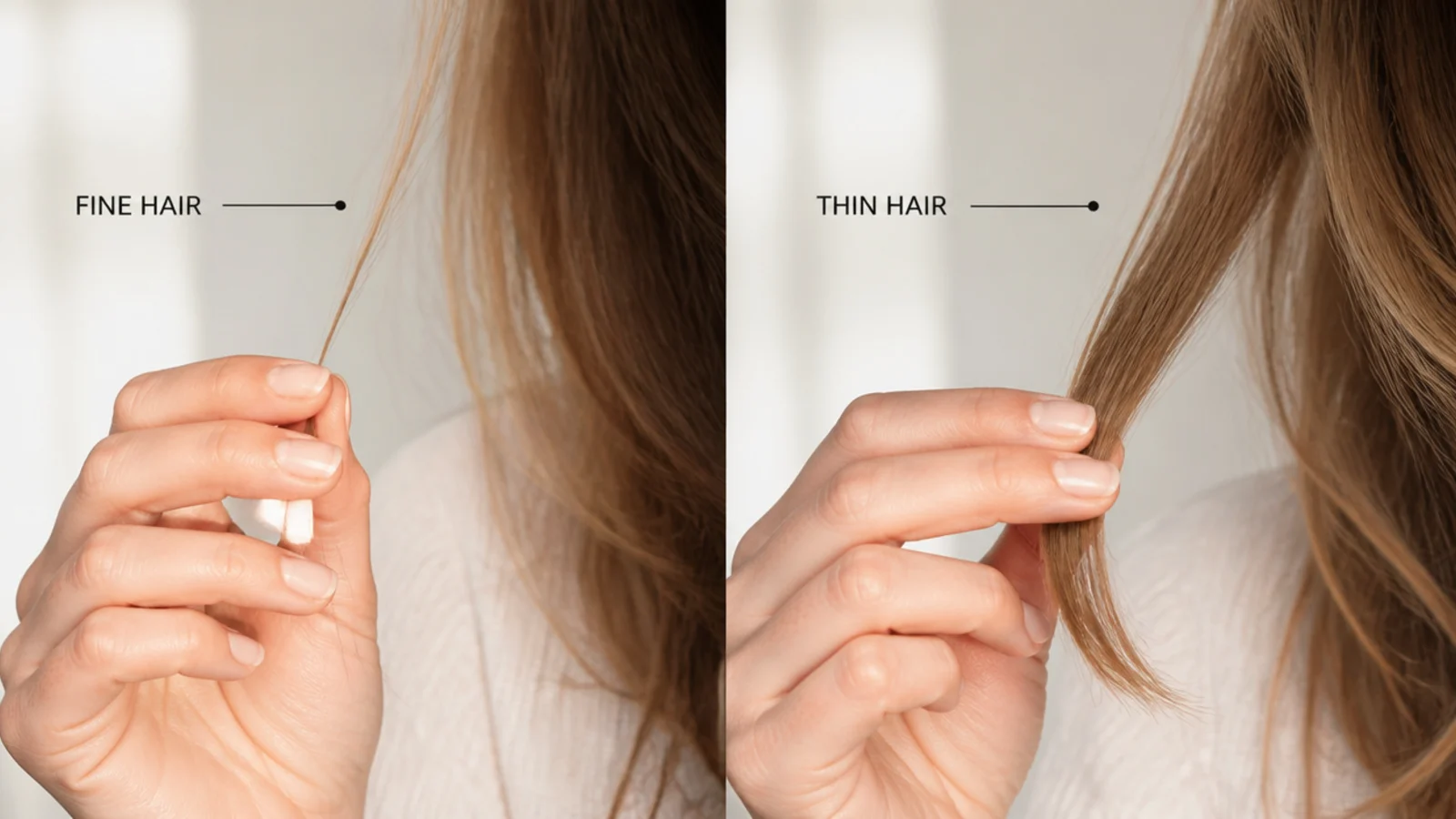 Faceless close-up comparing a single fine strand against a denser section to show fine hair versus thin hair