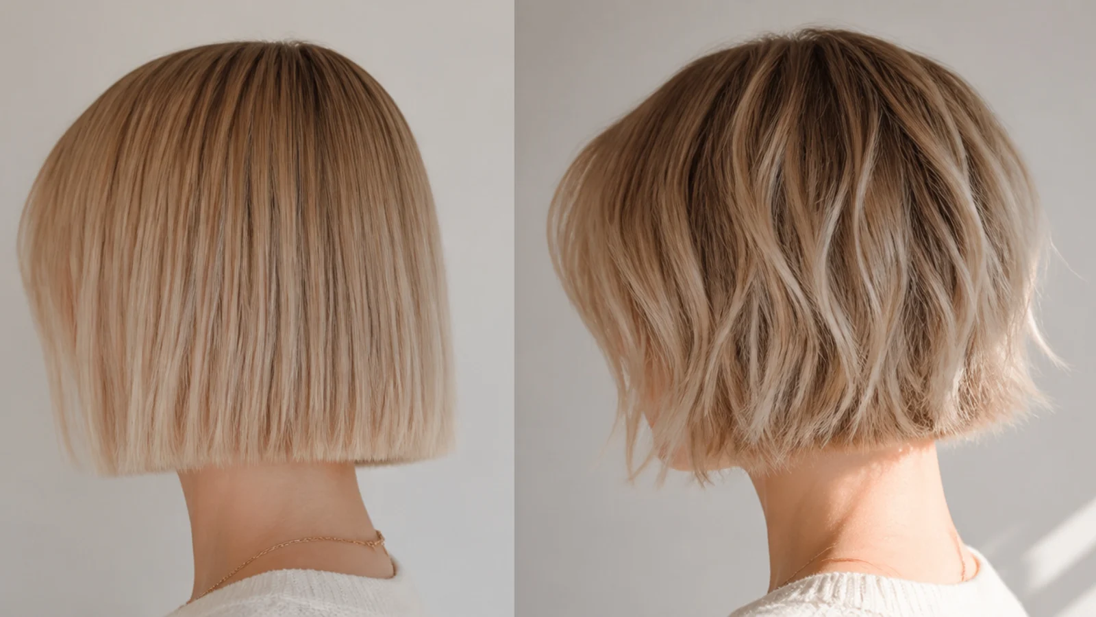 Faceless comparison of a flat one-length blunt cut versus a textured layered cut on short fine hair