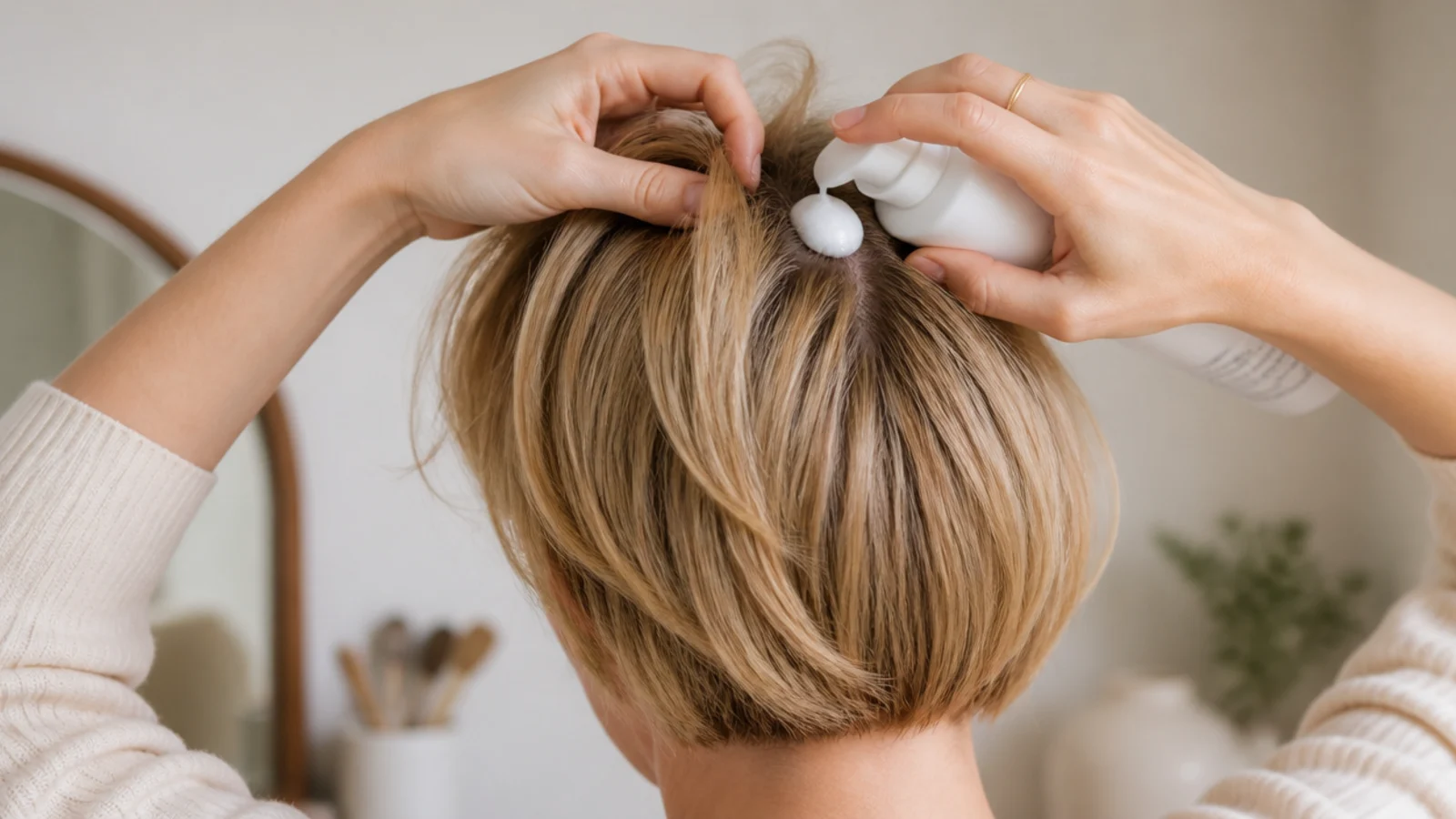 Faceless close-up of hands working lightweight mousse into the roots of short fine hair for hold