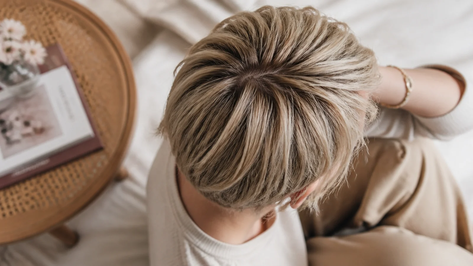 Faceless top view of short fine hair refreshed at the crown on day two with dry shampoo and finger styling