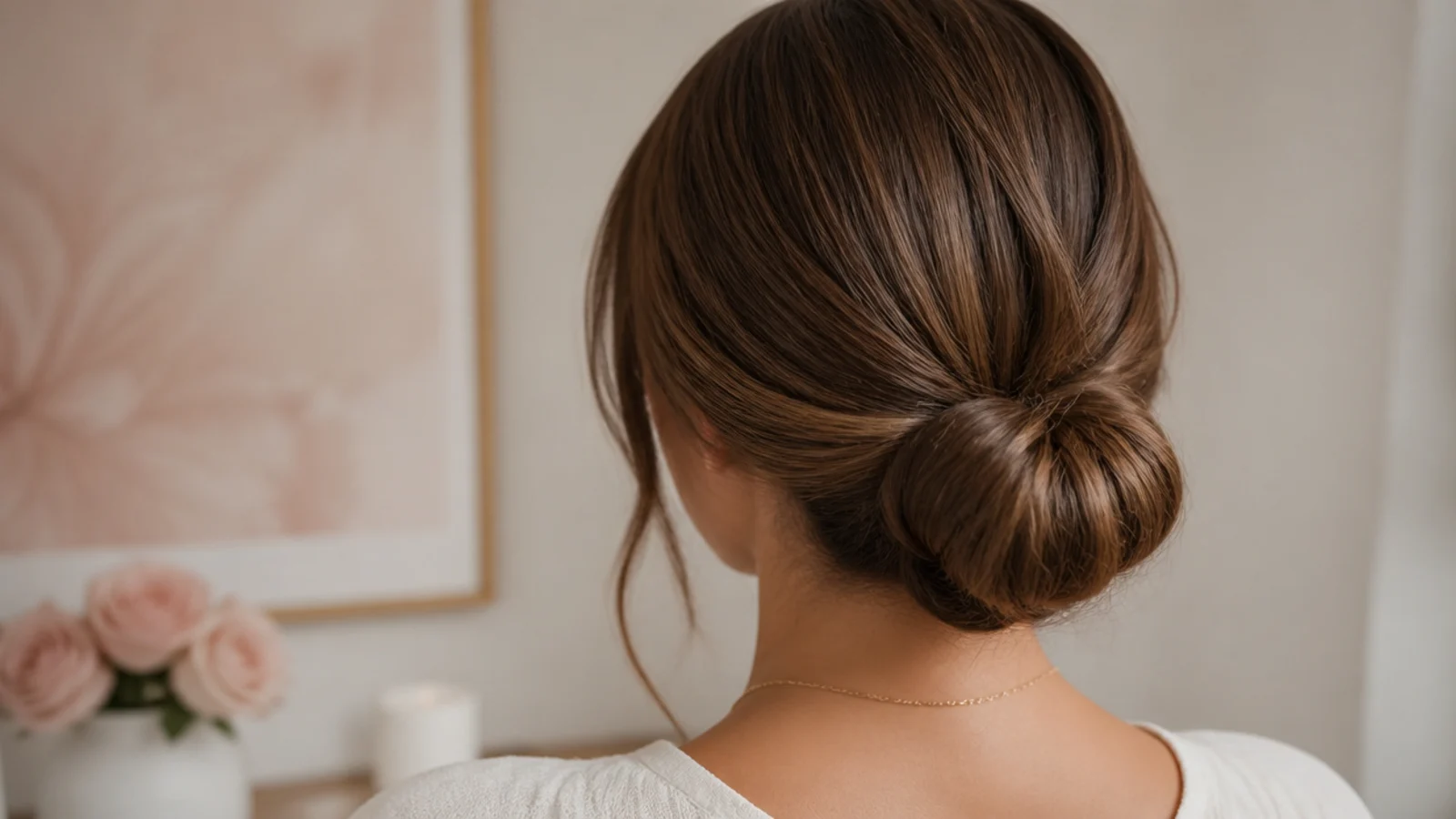 Faceless back view of a smooth low chignon on long hair anchored at the nape with bobby pins