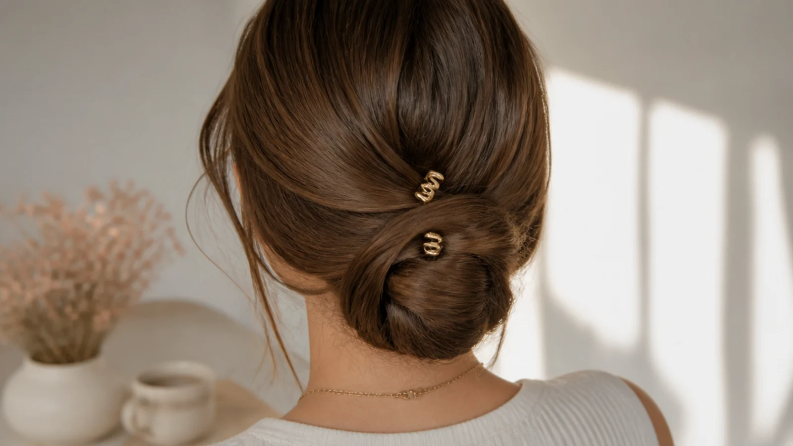 Faceless back view of a twisted long-hair bun held by two corkscrew spin pins
