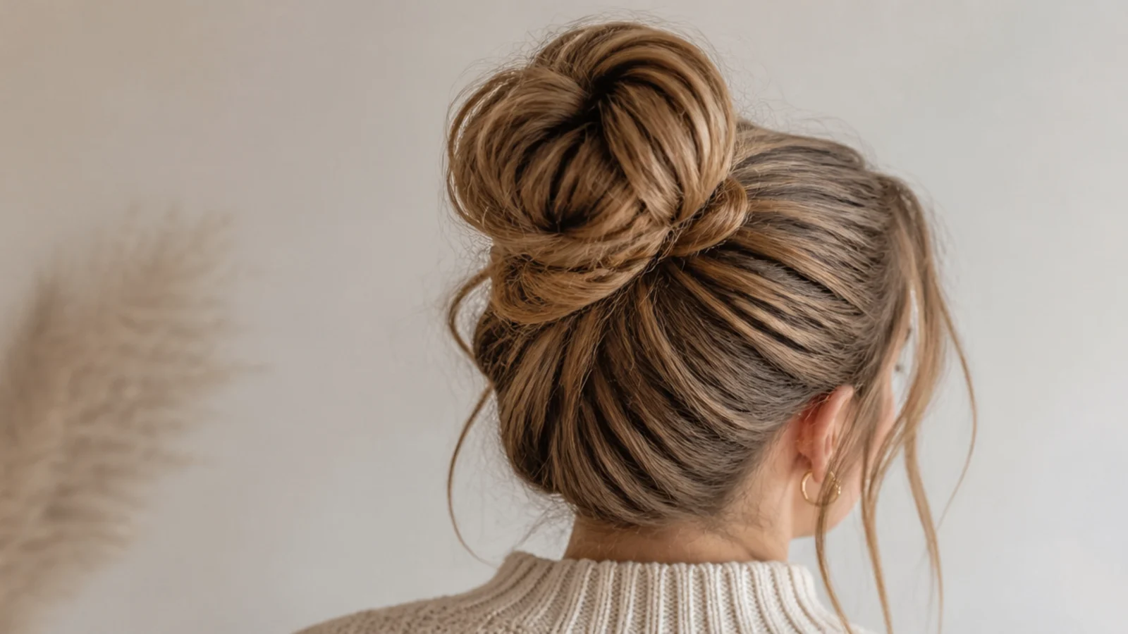 Faceless back view of a full messy bun on thick long hair split into two twists for hold