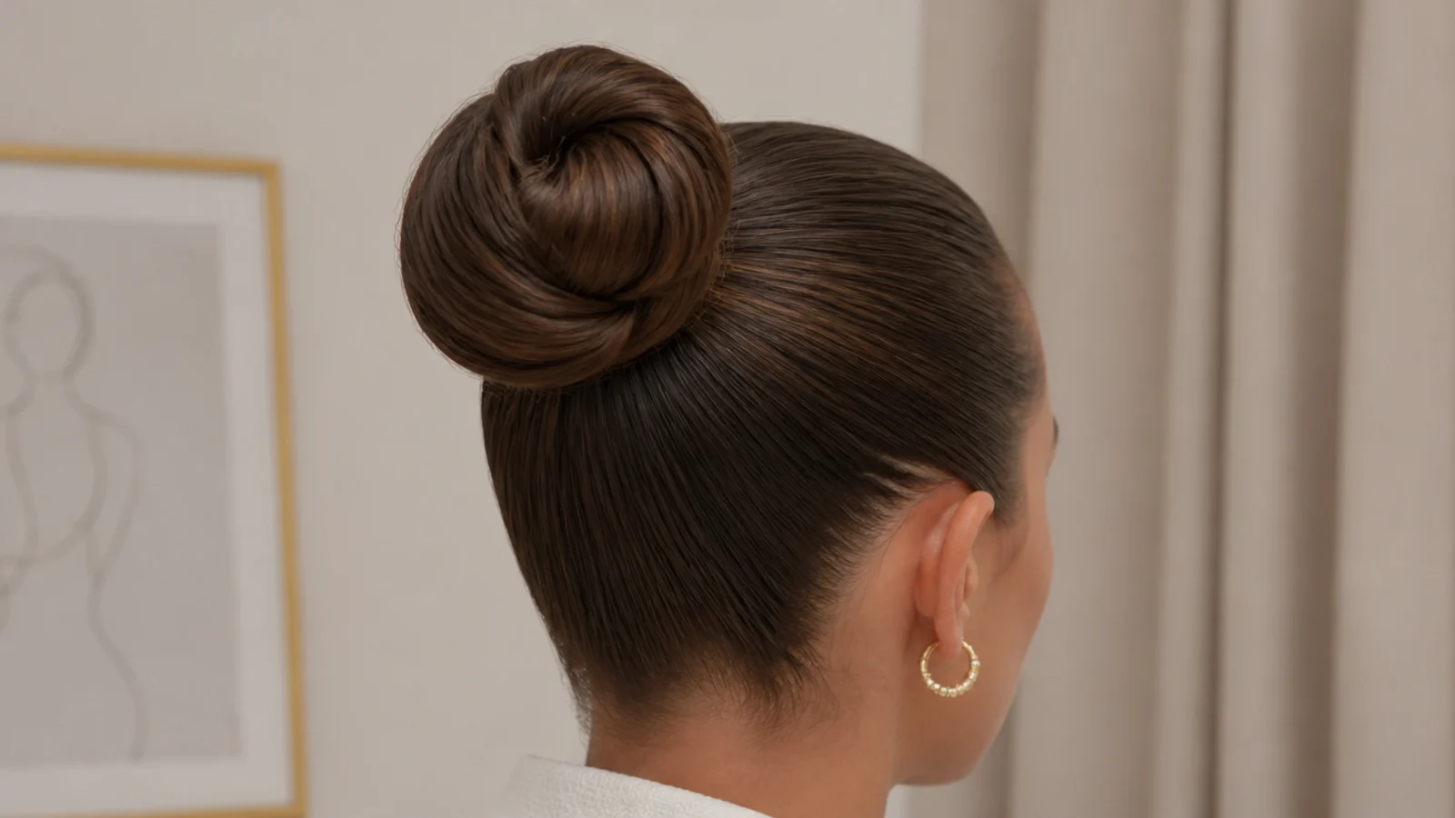Faceless back view of a sleek high ballerina bun on long hair smoothed with gel