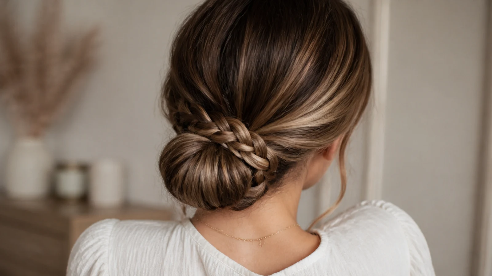 Faceless back view of a low bun on long hair wrapped with a braid for extra hold