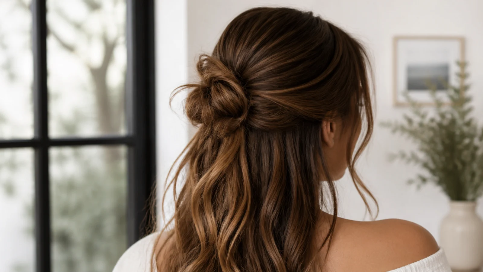 Faceless back view of a half up bun on long hair with the lengths left down