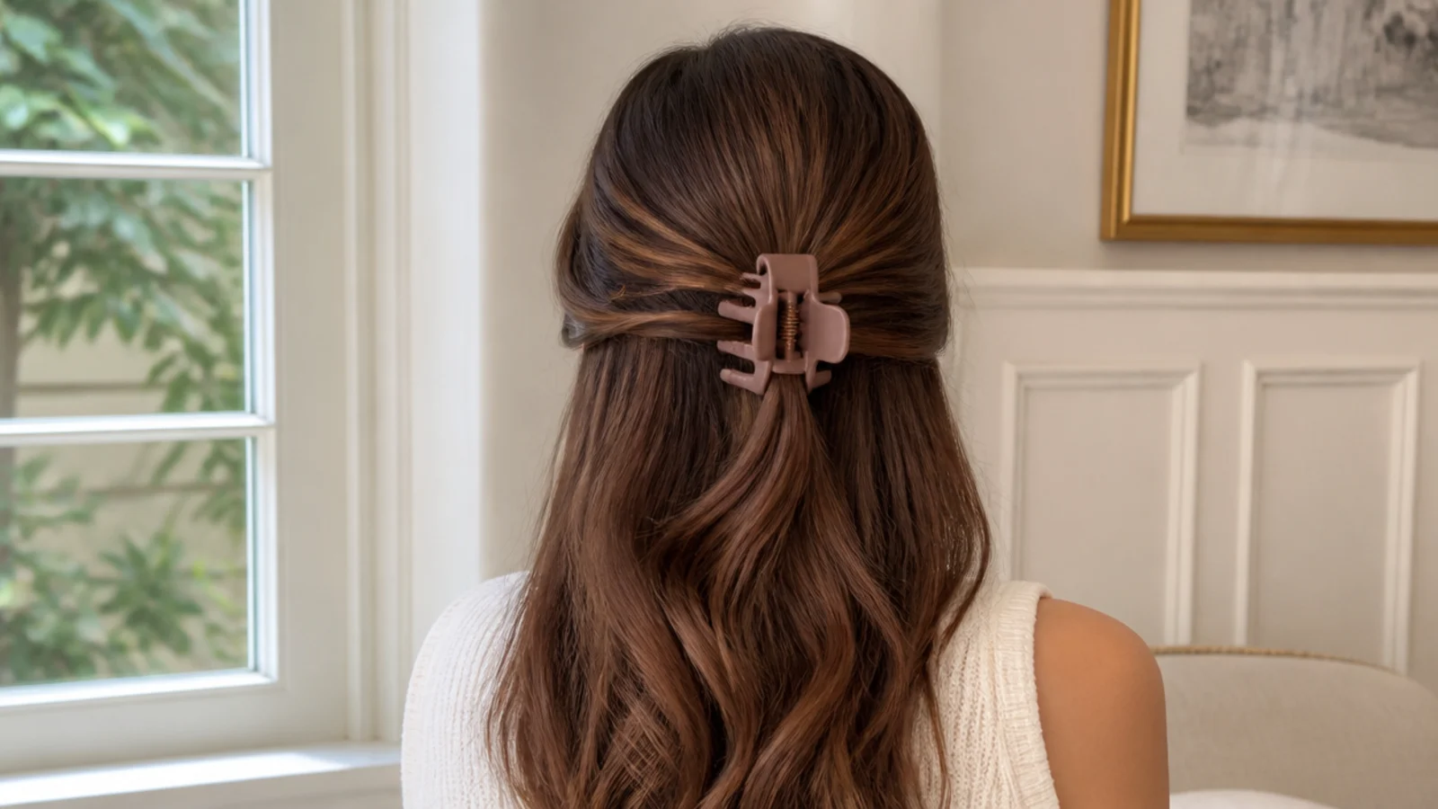 Faceless back view of a half up twist on long hair held by a medium claw clip