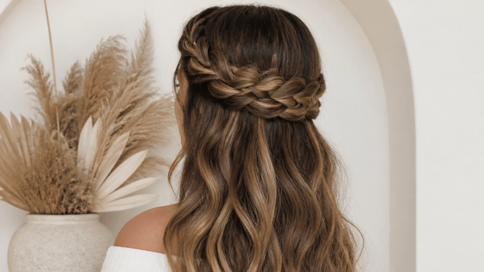Faceless back view of a milkmaid braided crown wrapped over the head on long hair