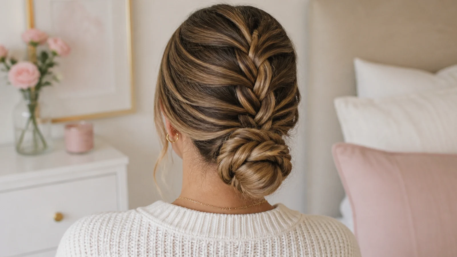 Faceless back view of a French braid running into a secured low bun on long hair