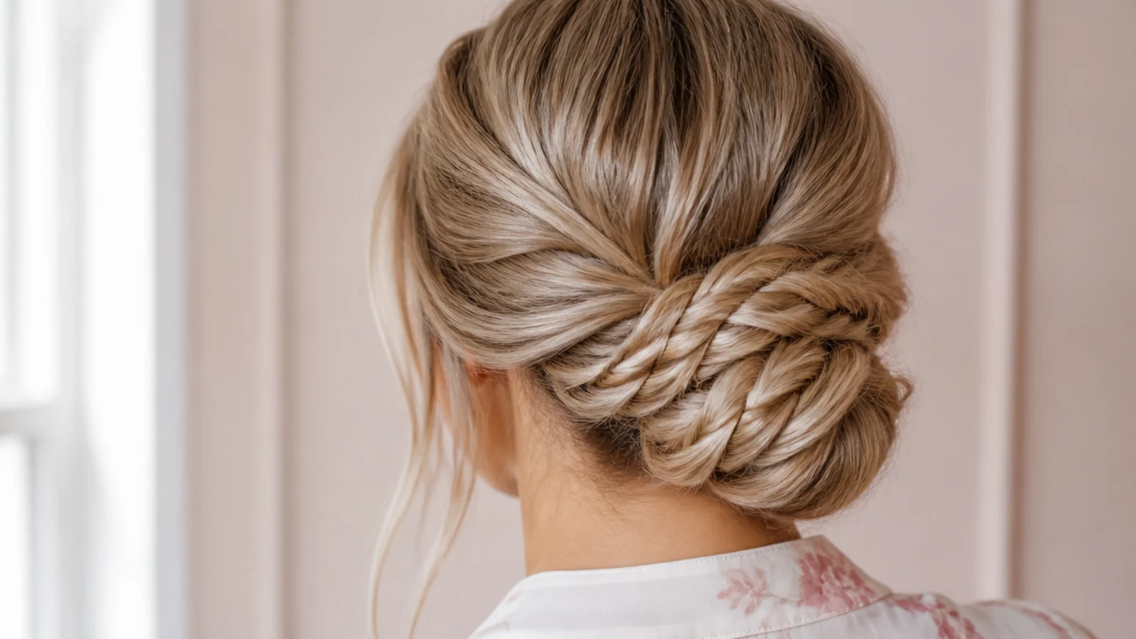 Faceless back view of a fishtail braid coiled into a low updo on long hair