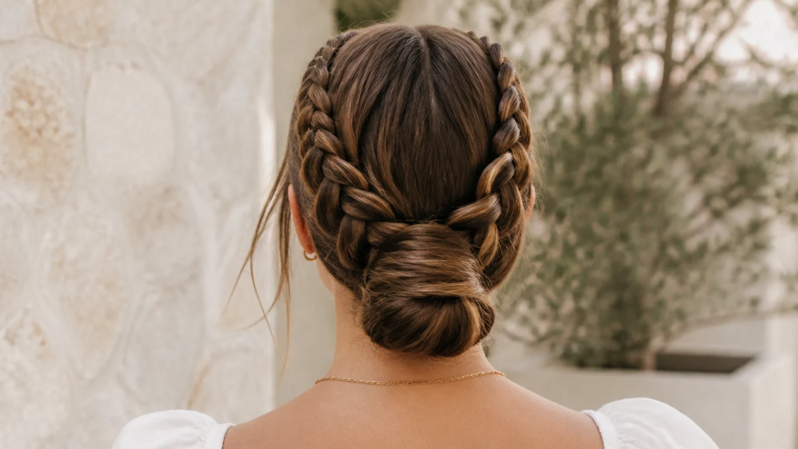 Faceless back view of two Dutch braids leading into a wrapped low bun on long hair