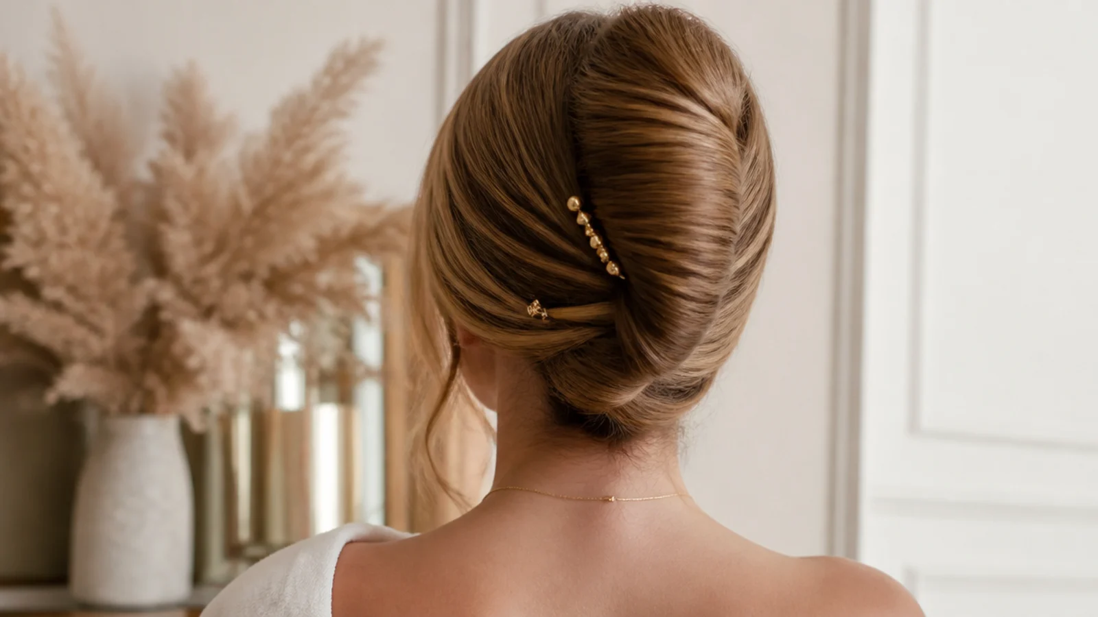 Faceless back view of a classic French twist vertical roll on long hair held with pins