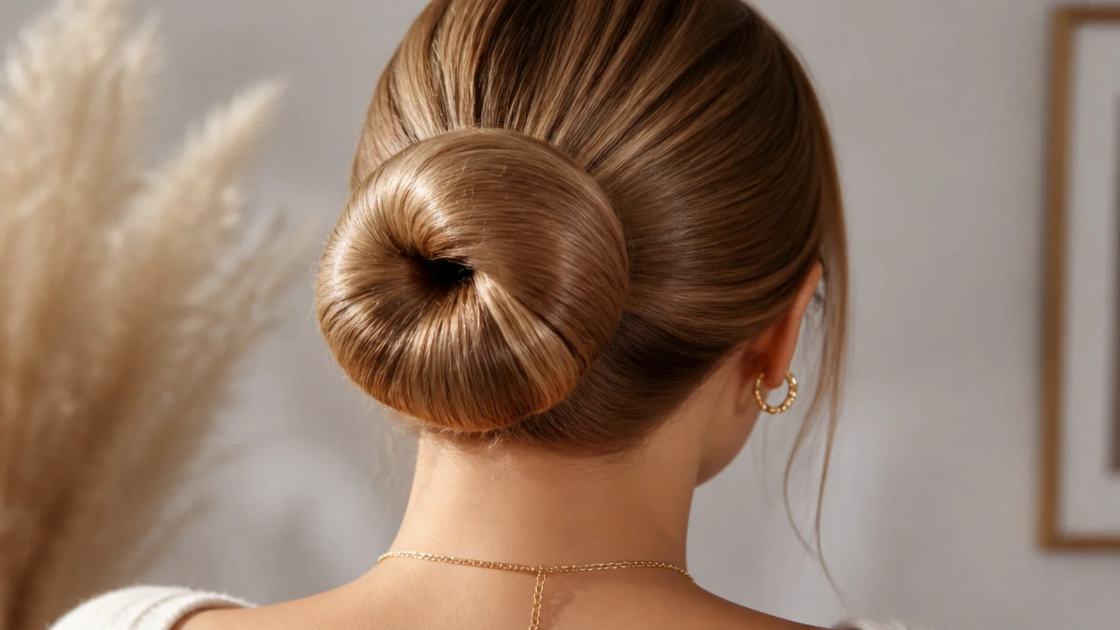 Faceless back view of a smooth rolled chignon built over a hair donut on long hair