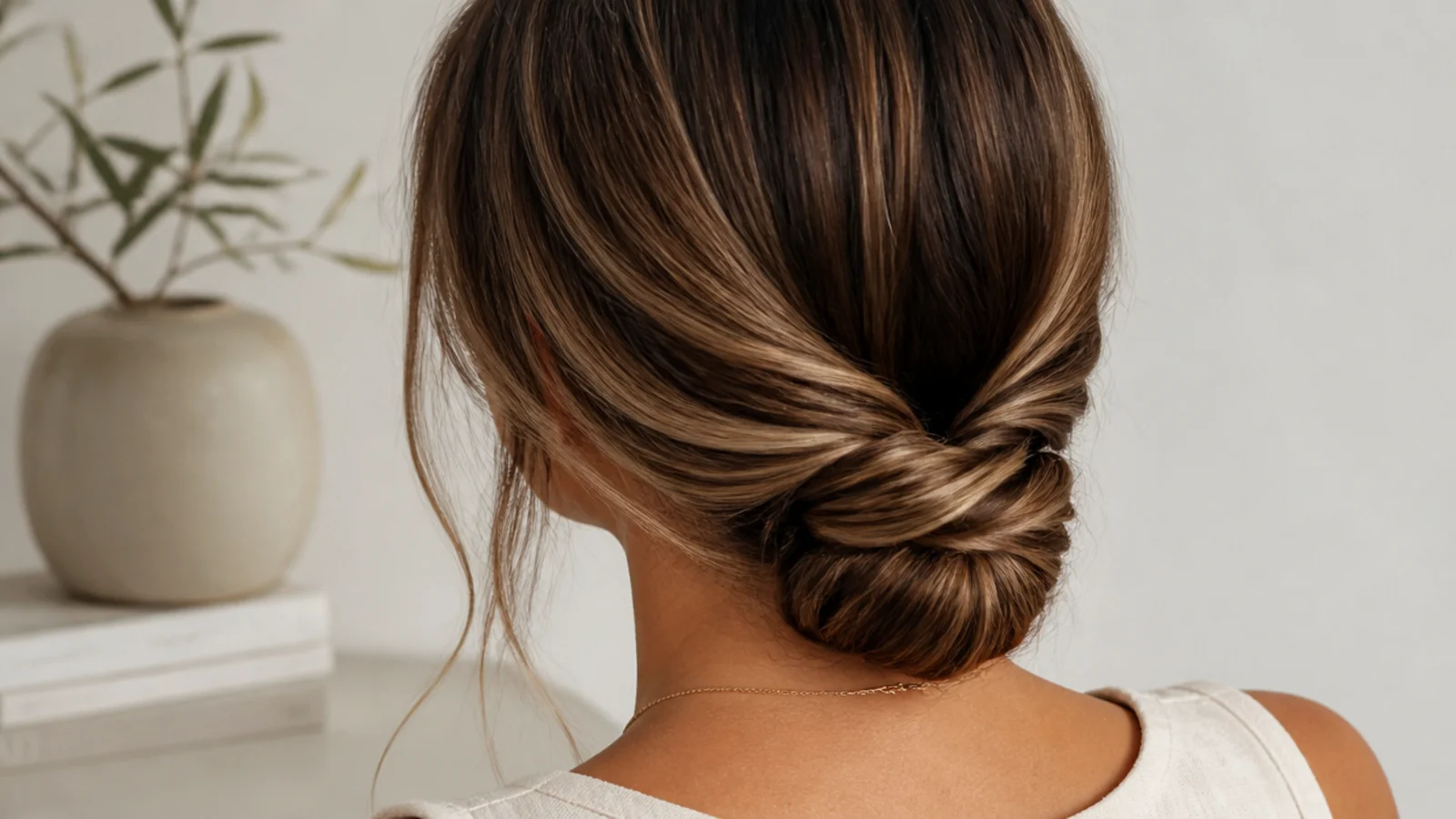 Faceless back view of a low bun on long hair built from two separate twists for weight distribution