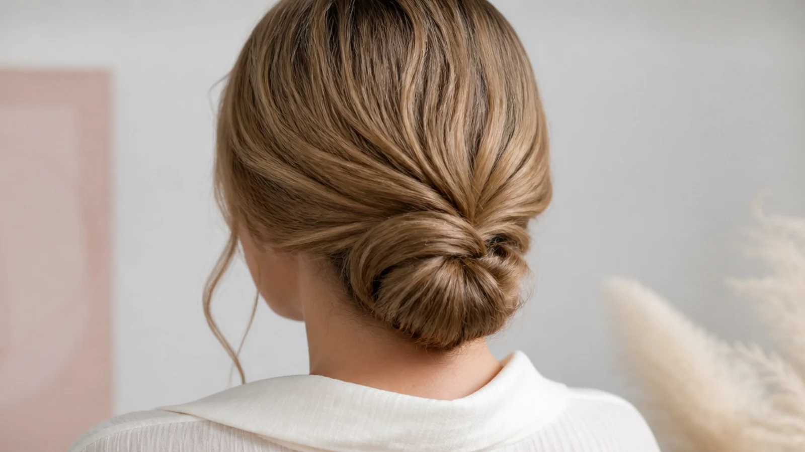 Faceless back view of a knotted low bun on long hair anchored with hidden under-pins