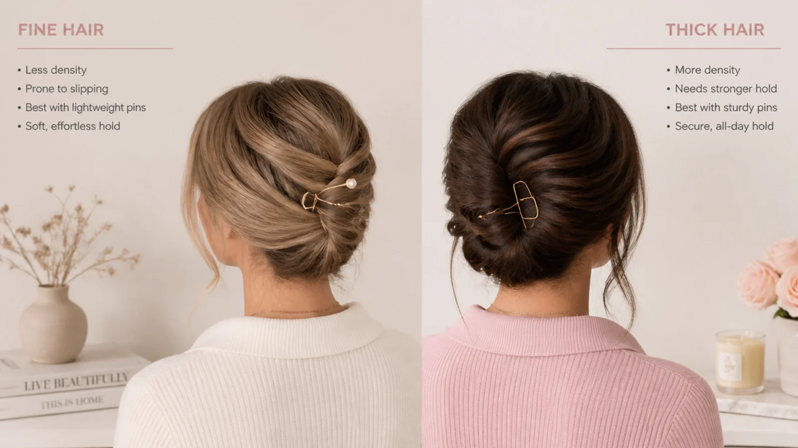 Faceless comparison of pinning a fine long-hair updo beside a thick long-hair updo