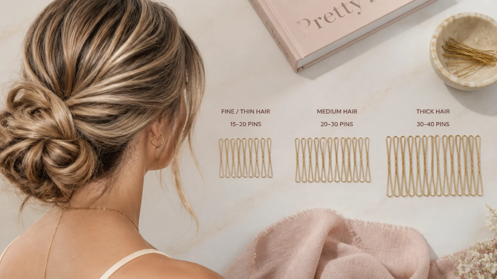 Faceless flat lay showing bobby pins counted out by hair thickness for a long-hair chignon