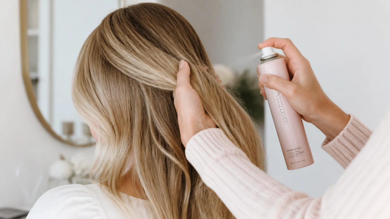 Faceless shot of texture spray being worked through long hair before an updo for grip