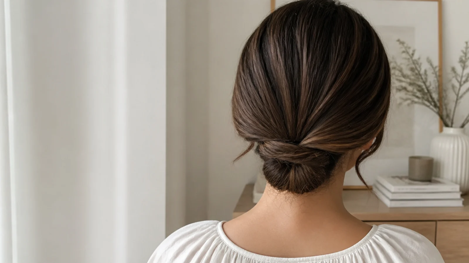 Faceless back view marking a low anchor point at the nape for a lasting long-hair updo