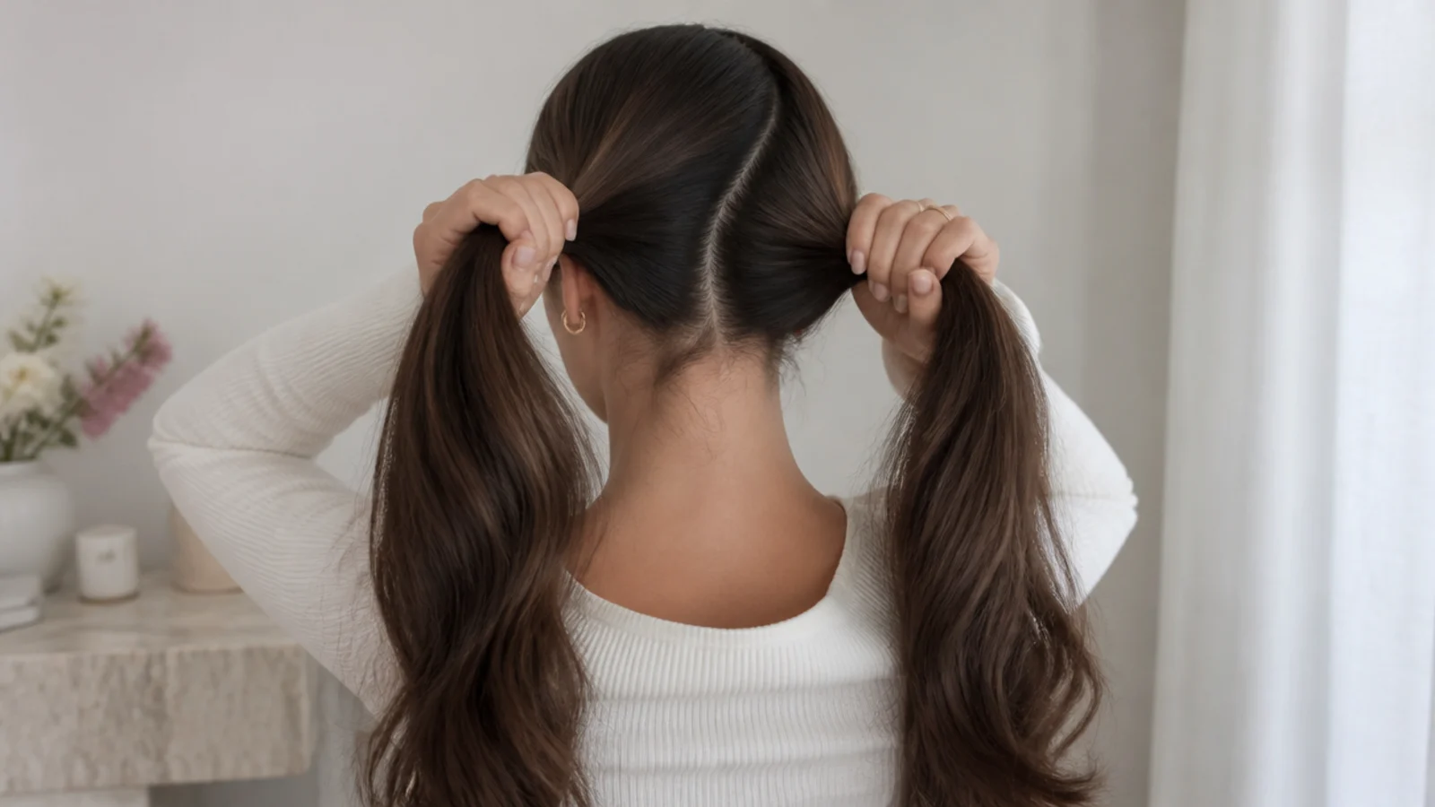 Faceless shot of long thick hair divided into two sections to split the weight of an updo